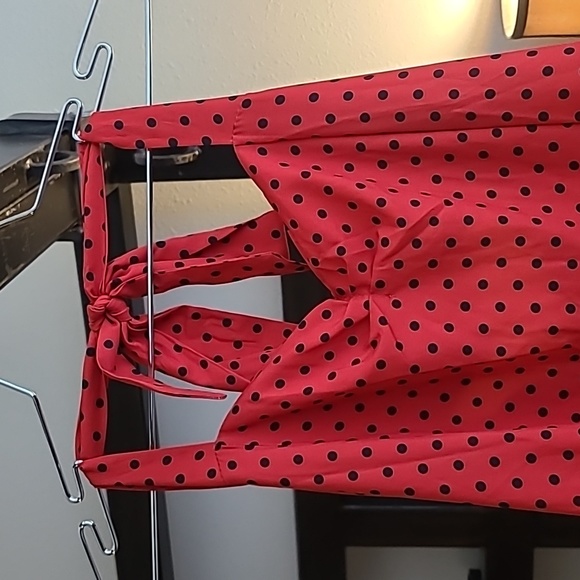 Red and Black Polka Dot Halter Midi  Sweetheart Pinup Dress with smocking - Picture 3 of 12